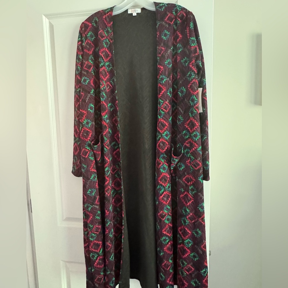 LuLaRoe Red and Green Geometric Sarah Cardigan with Pockets Size S